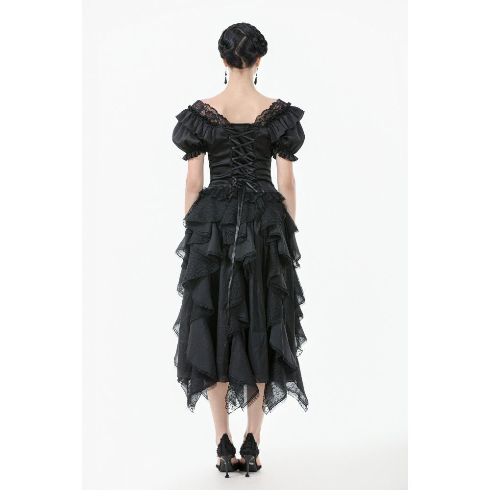 Dark in Love Morrigan Ruffled Goth Midi Skirt - Black Lace Asymmetric
