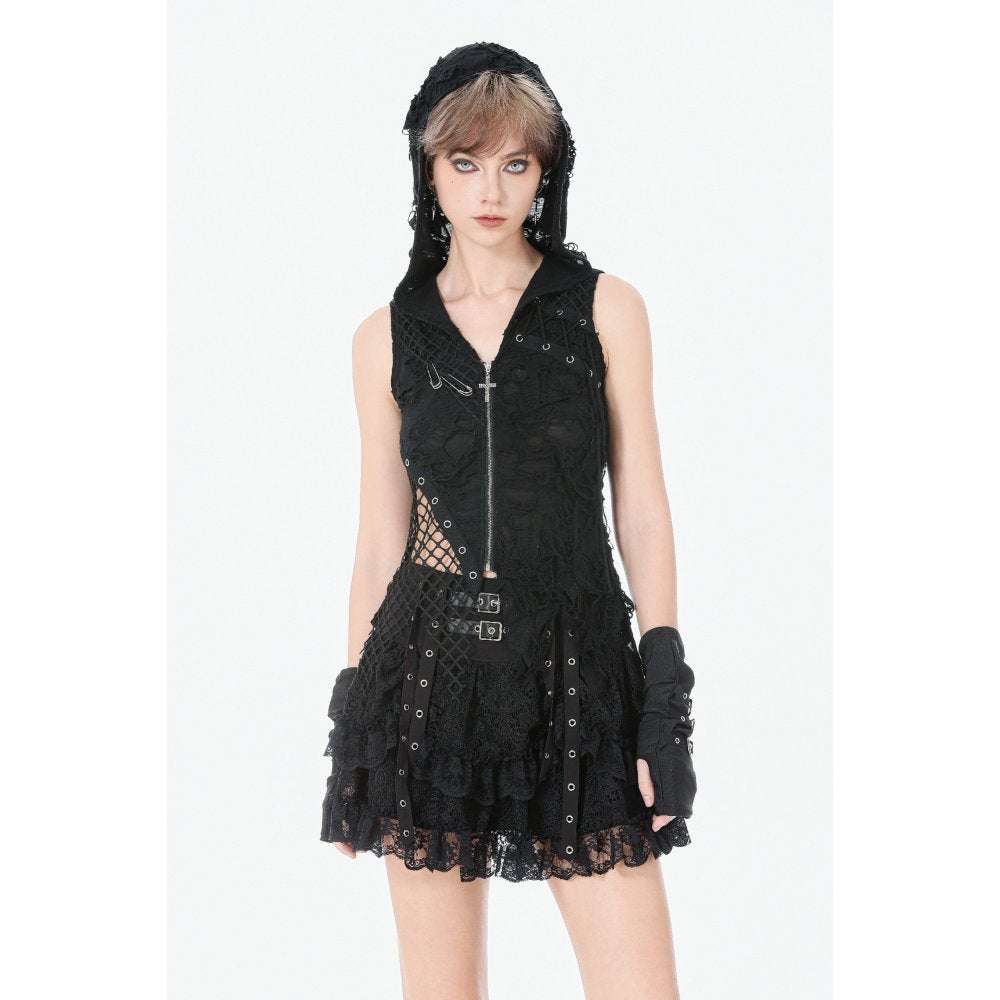 Dark in Love Rebel Punk Asymmetric Hooded Top | Mesh & Eyelet Detail