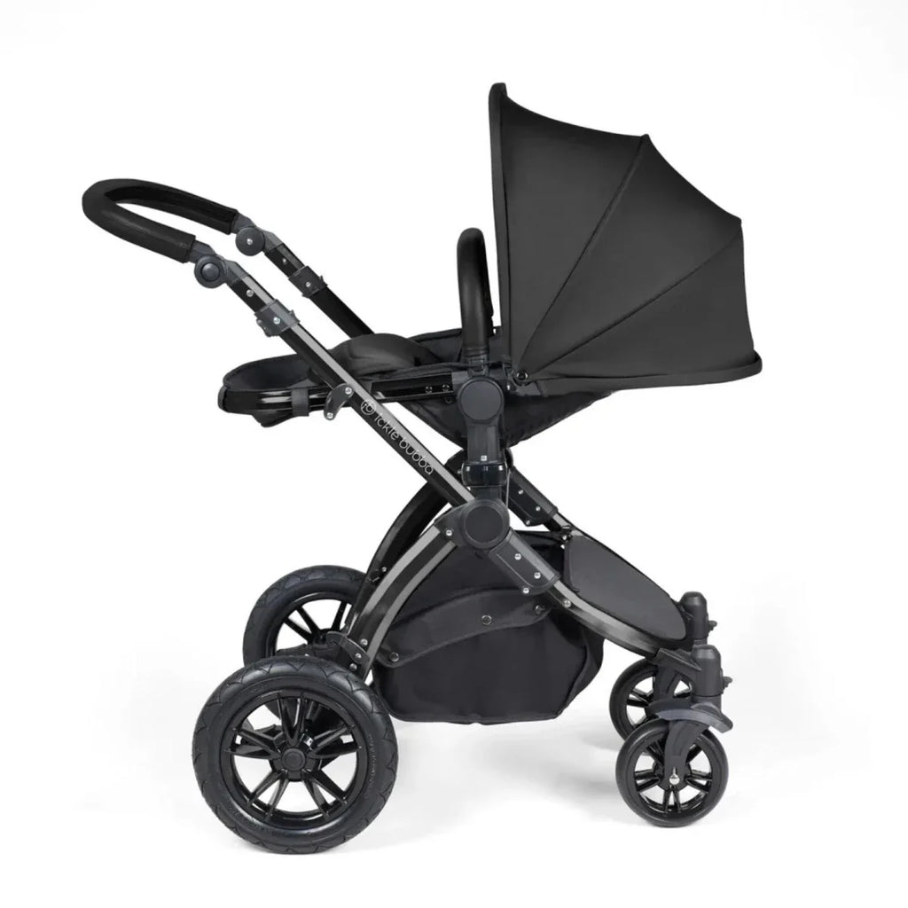 Ickle Bubba Stomp Luxe Travel System with i-Size Stratus Car Seat & ISOFIX Base 12 pcs - Black & Midnight & Black