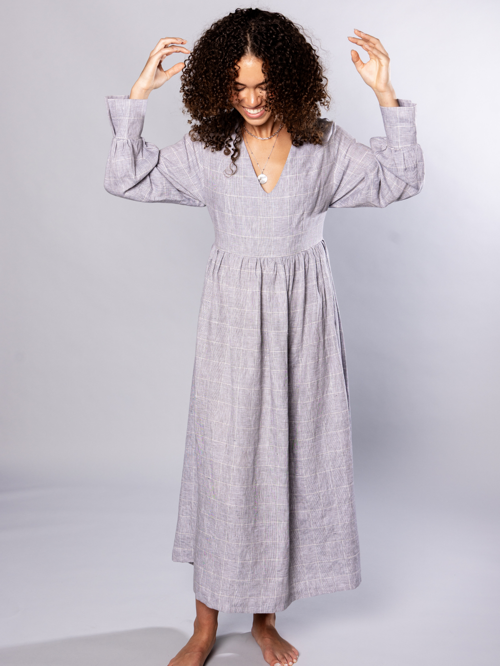 No More Nobody Michelle Maxi Dress – Organic Irish Linen Grey Check