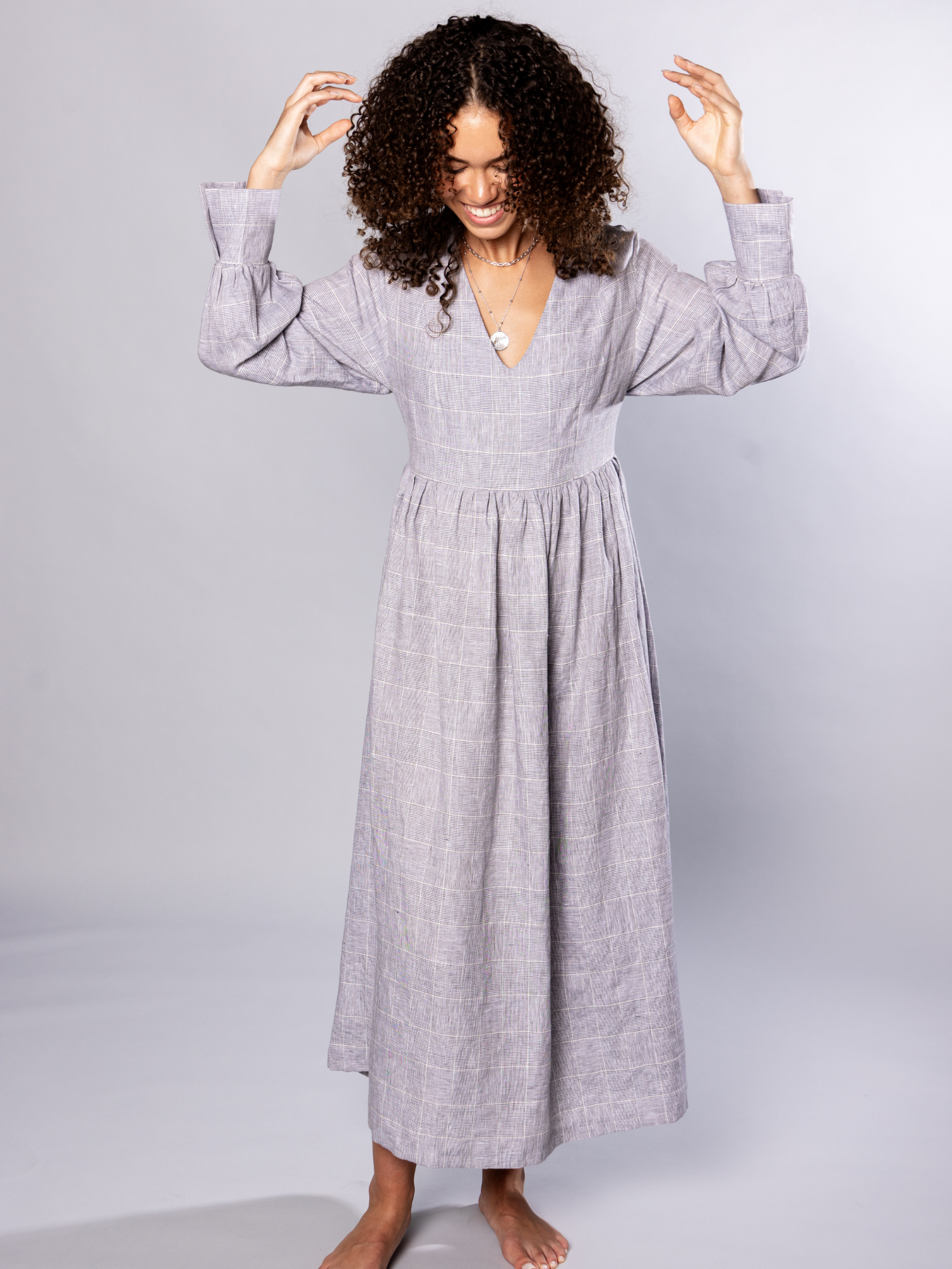 No More Nobody Michelle Maxi Dress – Organic Irish Linen Grey Check