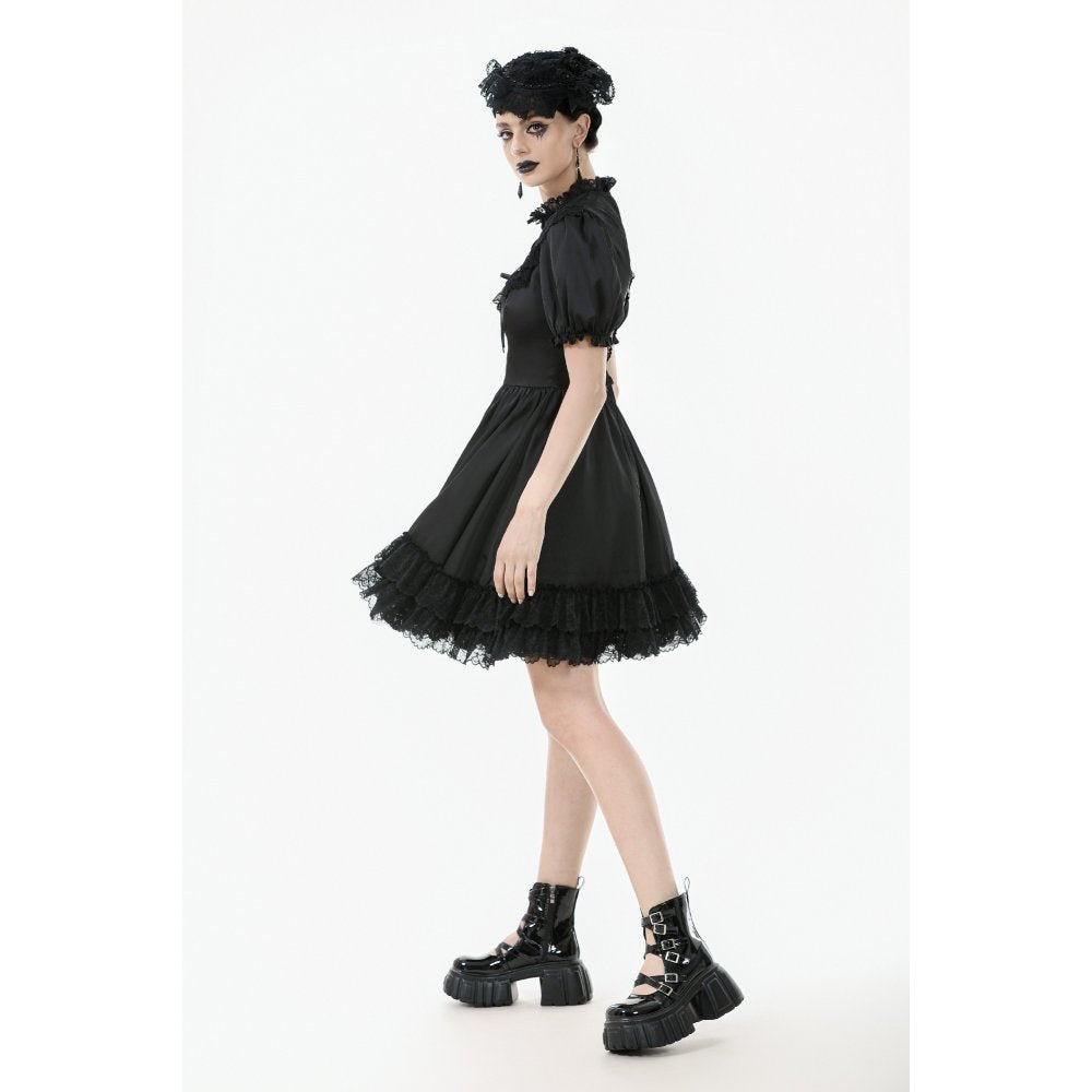 Dark in Love Belladonna Goth Dress – Black Lace-Up Puff Sleeve