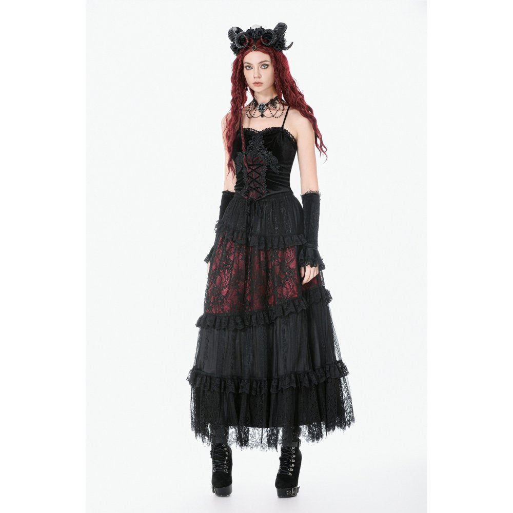 Dark in Love Spliced Lace Maxi Skirt – Gothic Black and Red Layered