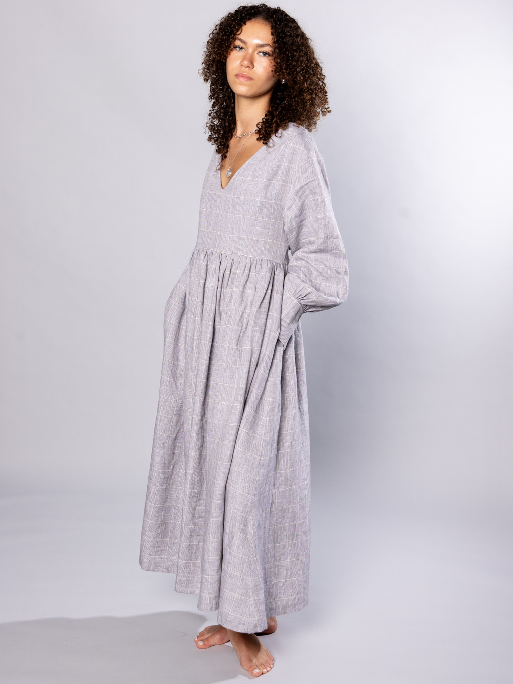No More Nobody Michelle Maxi Dress – Organic Irish Linen Grey Check