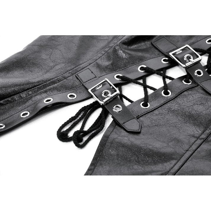 Dark in Love Black Distressed Leather-Look Lace-Up Punk Vest Top