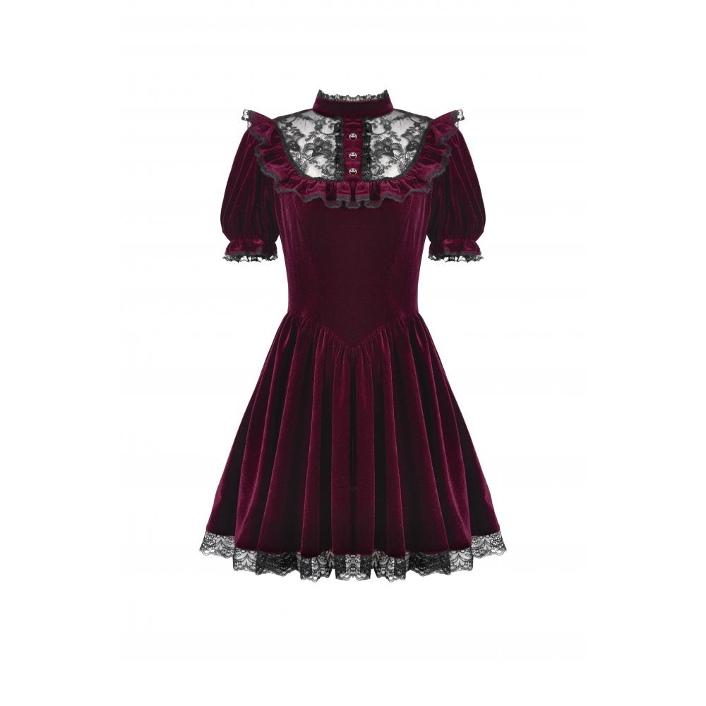 Dark in Love Ophelia Burgundy Velvet Goth Dress with Lace Collar