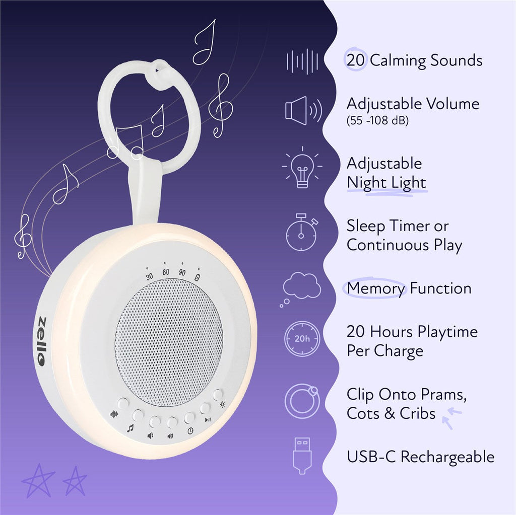 Zello Portable White Noise Machine Baby Sleep Aid – Simple Sound Machine with Gentle Night Light, Rechargeable for Home, Travel, Pram, Pushchair & Nursery