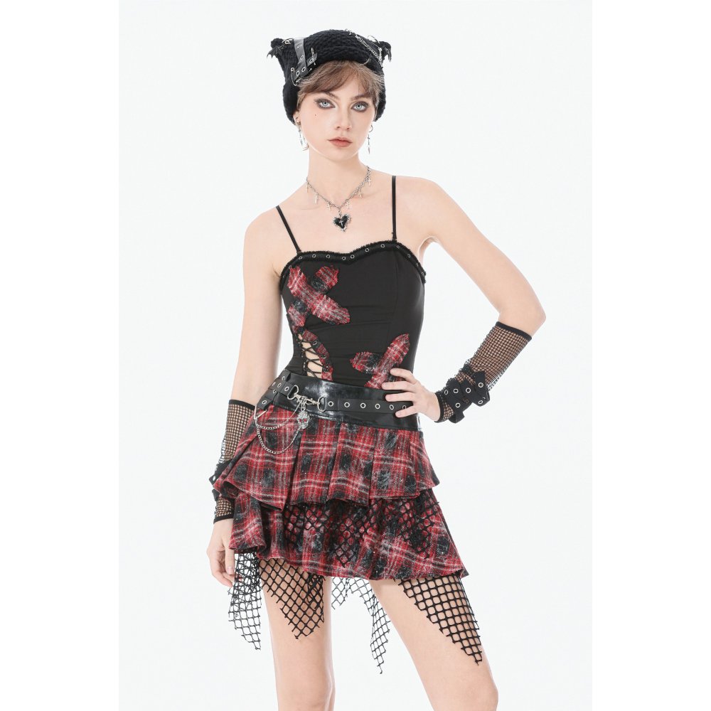 Dark in Love Linnea Red Plaid and Mesh Layered Punk Mini Skirt