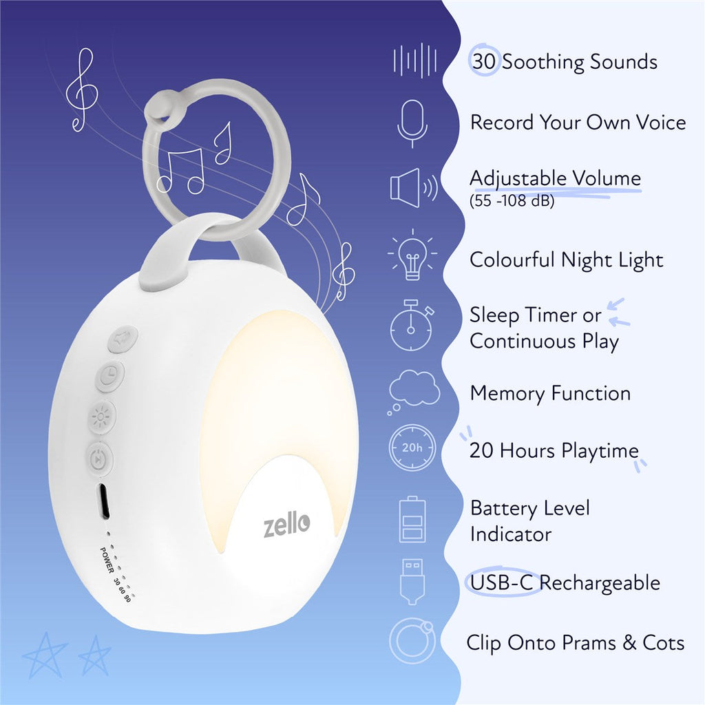 Zello Portable White Noise Machine 30 Soothing Sounds 7 Colour Moon Nightlight Sleep Timer 20hr Battery Voice Record Memory Function Sleep Timer Sound Machine Travel Pram Pushchair Cot Nursery