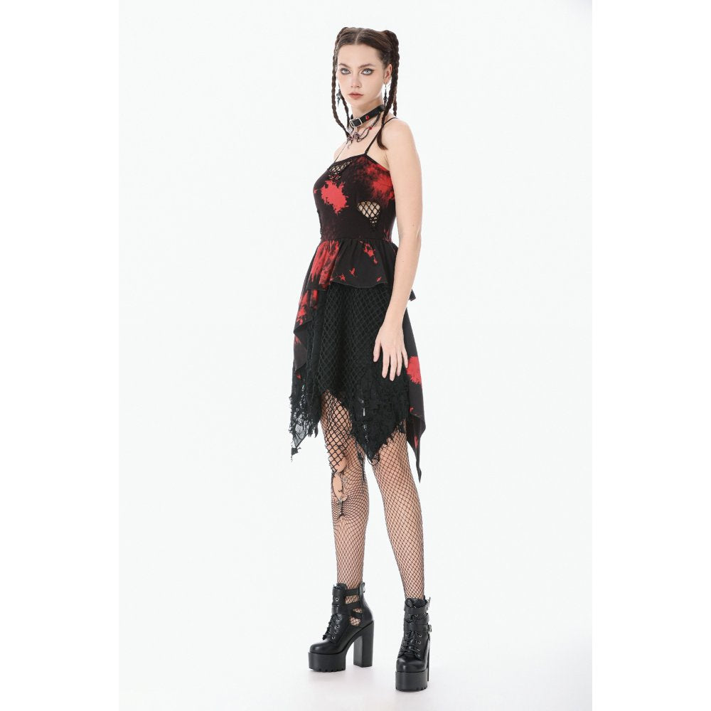 Dark in Love Red & Black Tie Dye Punk Dress | Asymmetric Mesh Goth Style
