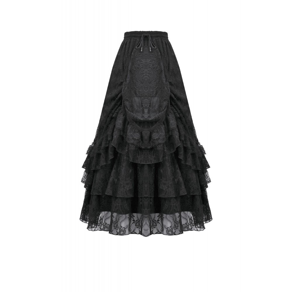 Dark in Love Vintage Gothic Lace Layered Maxi Skirt - Black Victorian