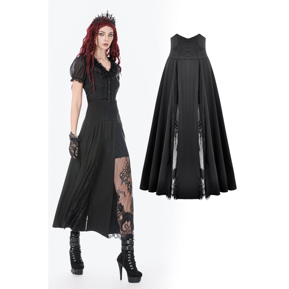 Dark in Love Gothic Long Skirt – High Waist Lace Inset Flowing Skirt