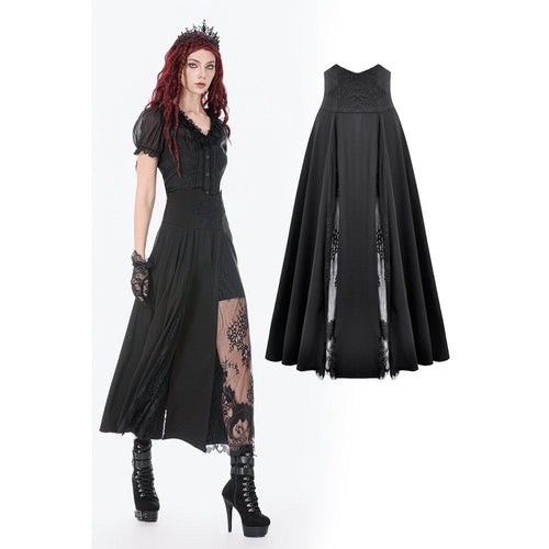 Dark in Love Gothic Long Skirt – High Waist Lace Inset Flowing Skirt
