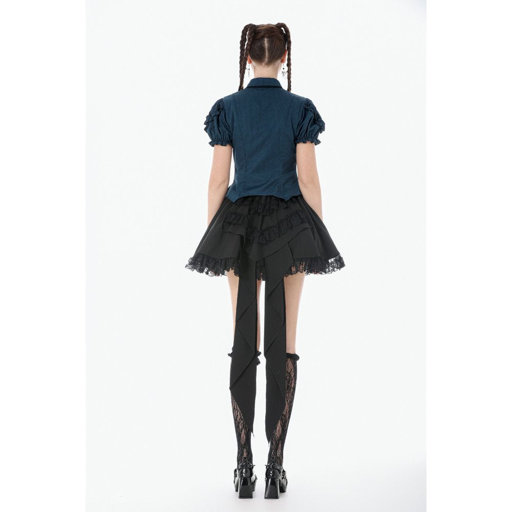 Dark in Love Gothic Academy Striped Puff-Sleeve Blouse - Blue/Black