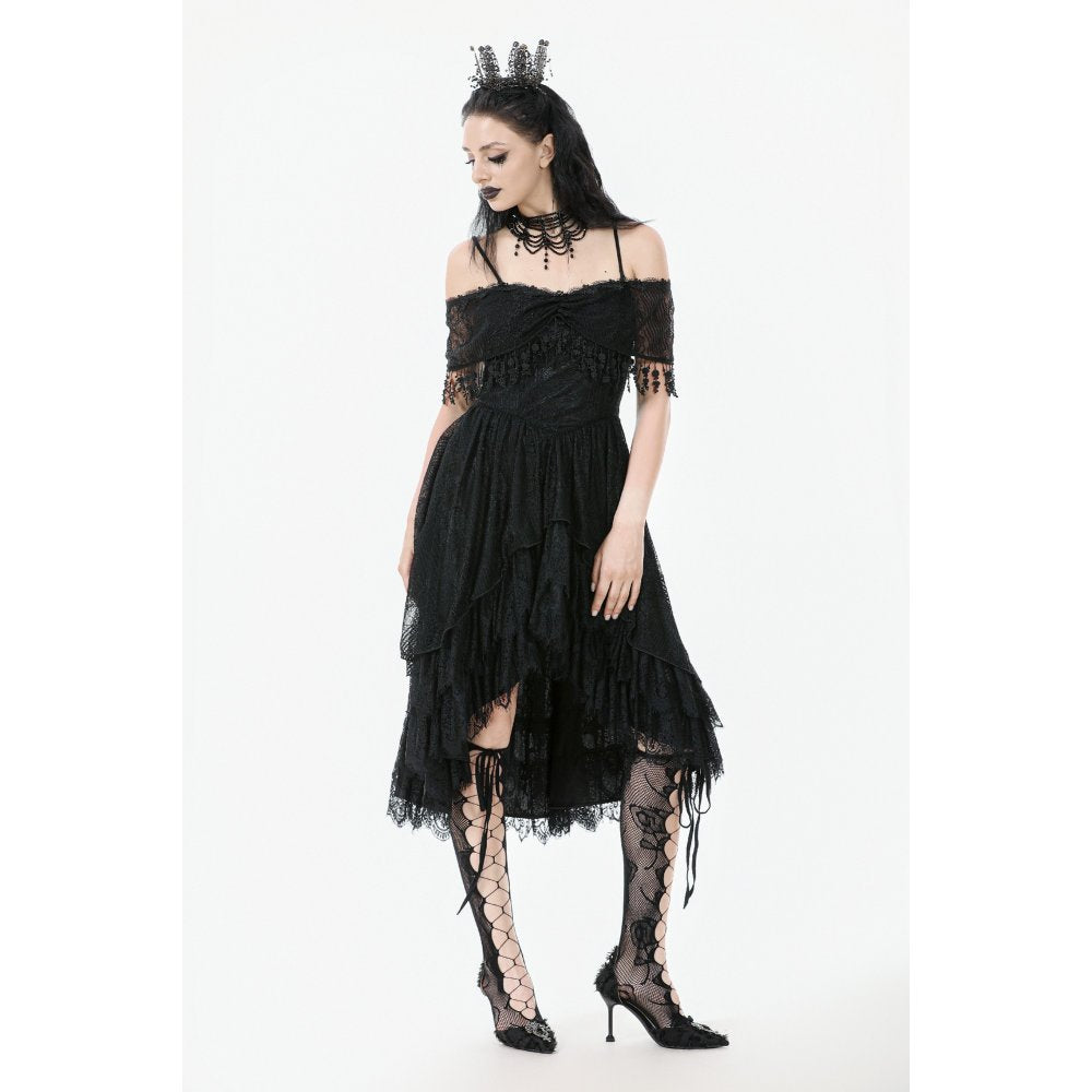 Dark in Love Soraya Gothic Lace High-Low Dress | Off-Shoulder Black
