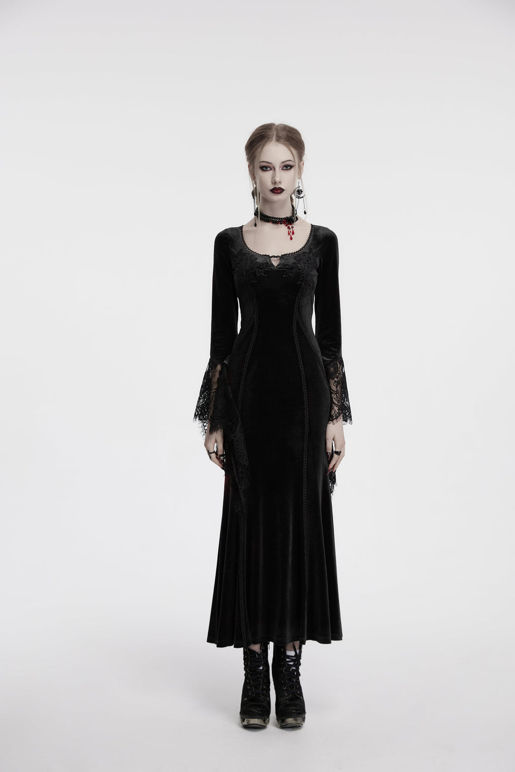 Punk Rave Isolde Velvet Lace Sleeve Goth Dress | Black Corset Gown