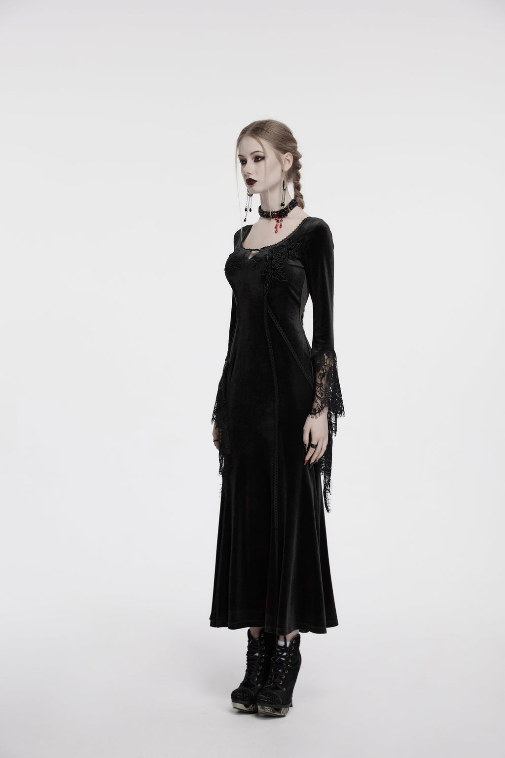 Punk Rave Isolde Velvet Lace Sleeve Goth Dress | Black Corset Gown