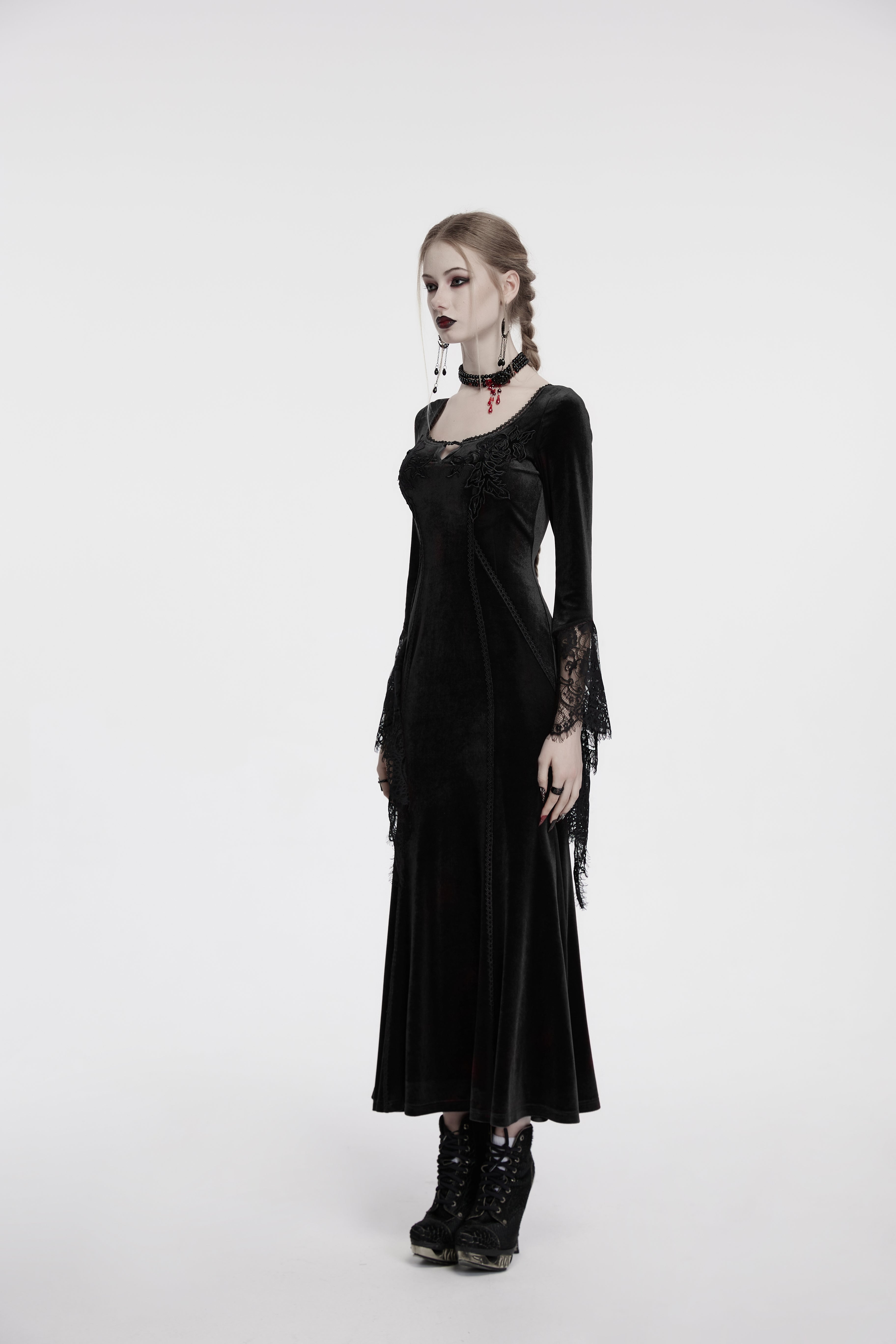 Punk Rave Isolde Velvet Lace Sleeve Goth Dress | Black Corset Gown