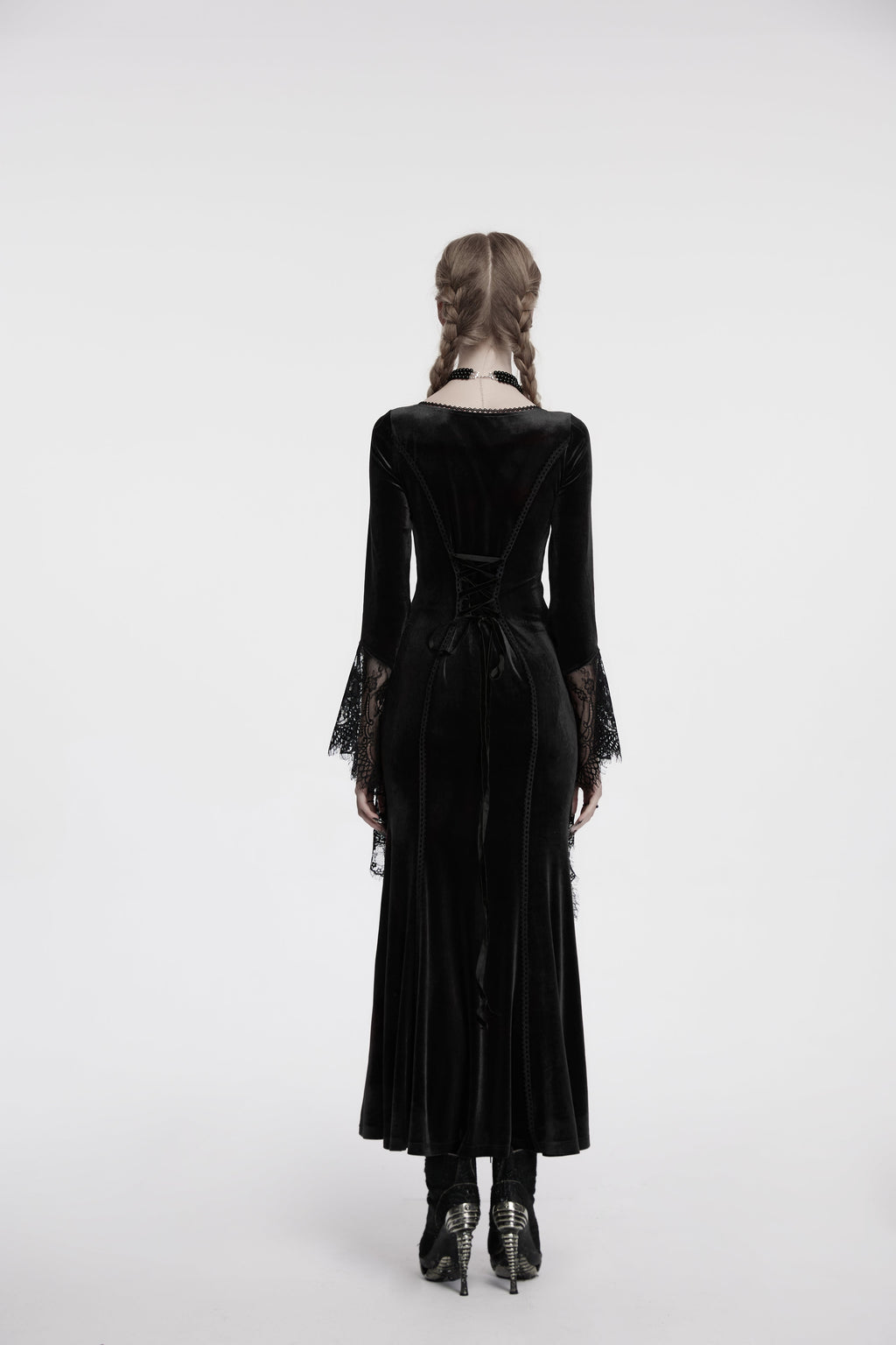 Punk Rave Isolde Velvet Lace Sleeve Goth Dress | Black Corset Gown