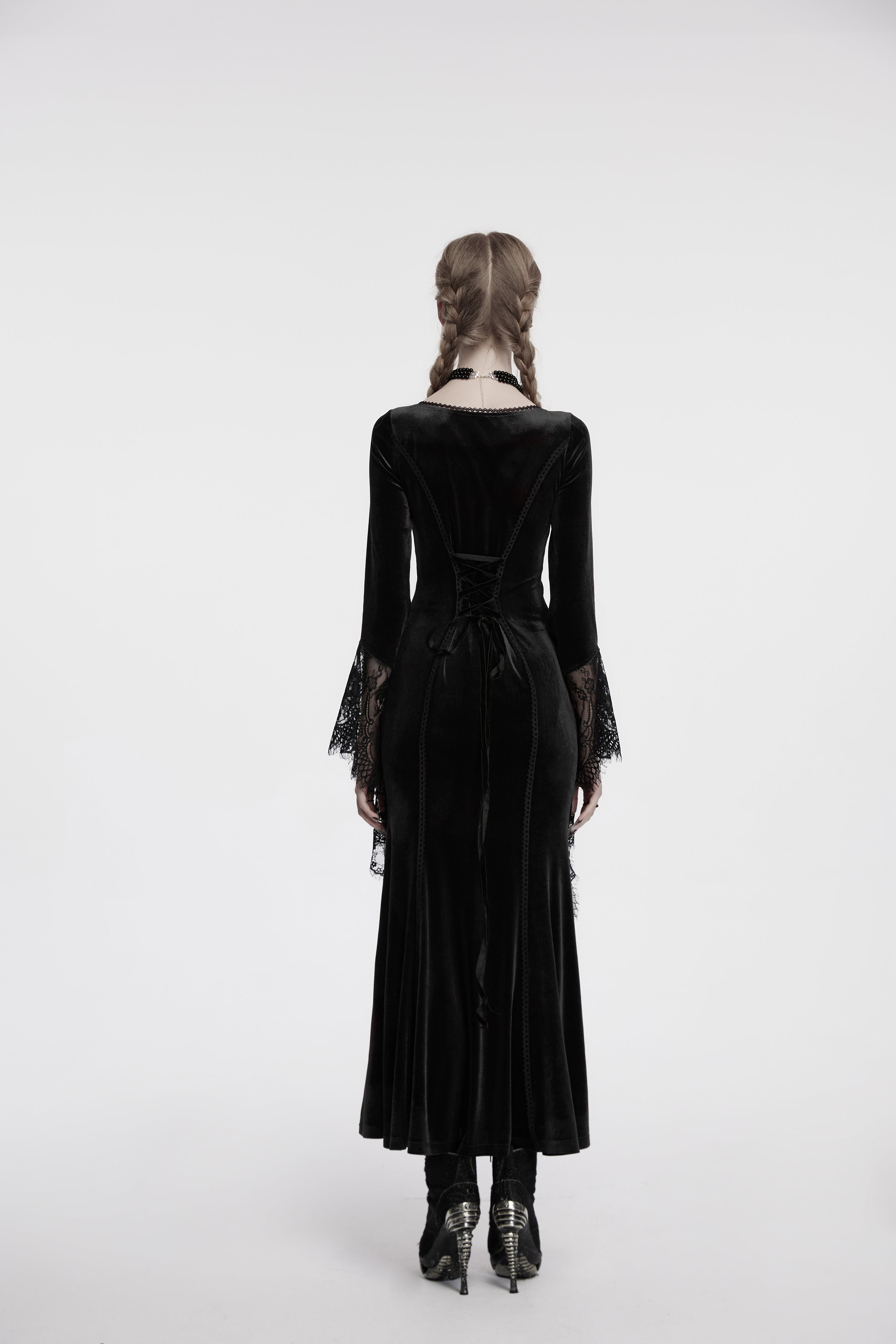 Punk Rave Isolde Velvet Lace Sleeve Goth Dress | Black Corset Gown
