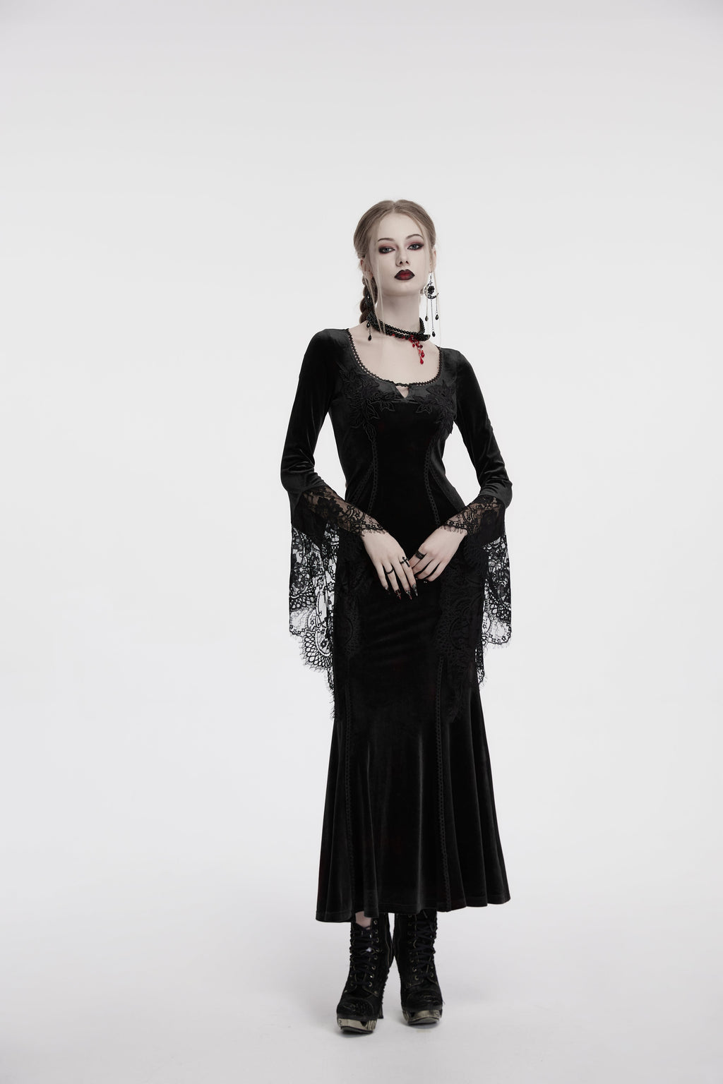 Punk Rave Isolde Velvet Lace Sleeve Goth Dress | Black Corset Gown
