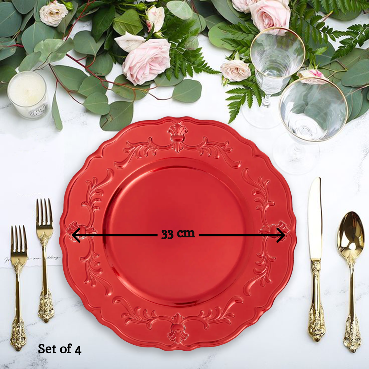 Orsina Dia Red Baroque Charger Plate – Scalloped Edge Dining Decor