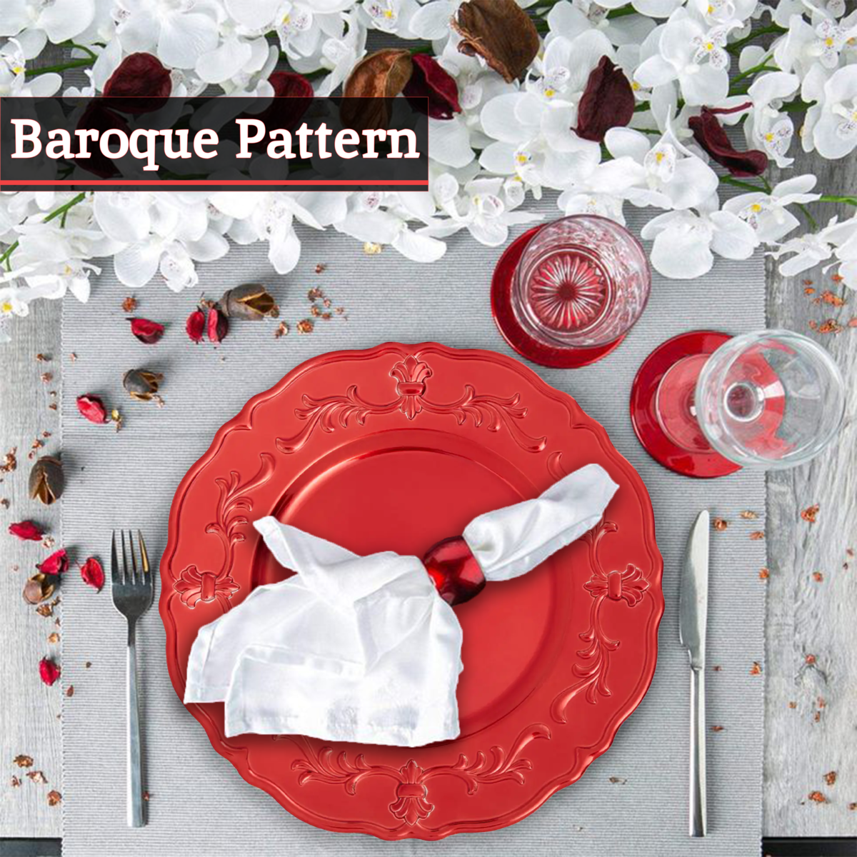 Orsina Dia Red Baroque Charger Plate – Scalloped Edge Dining Decor
