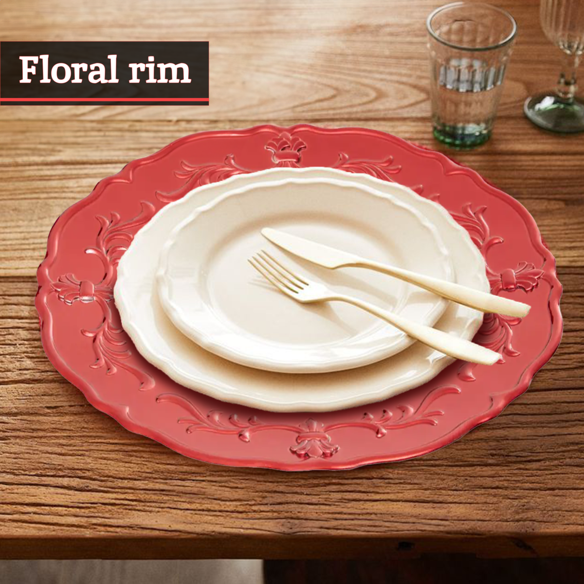 Orsina Dia Red Baroque Charger Plate – Scalloped Edge Dining Decor