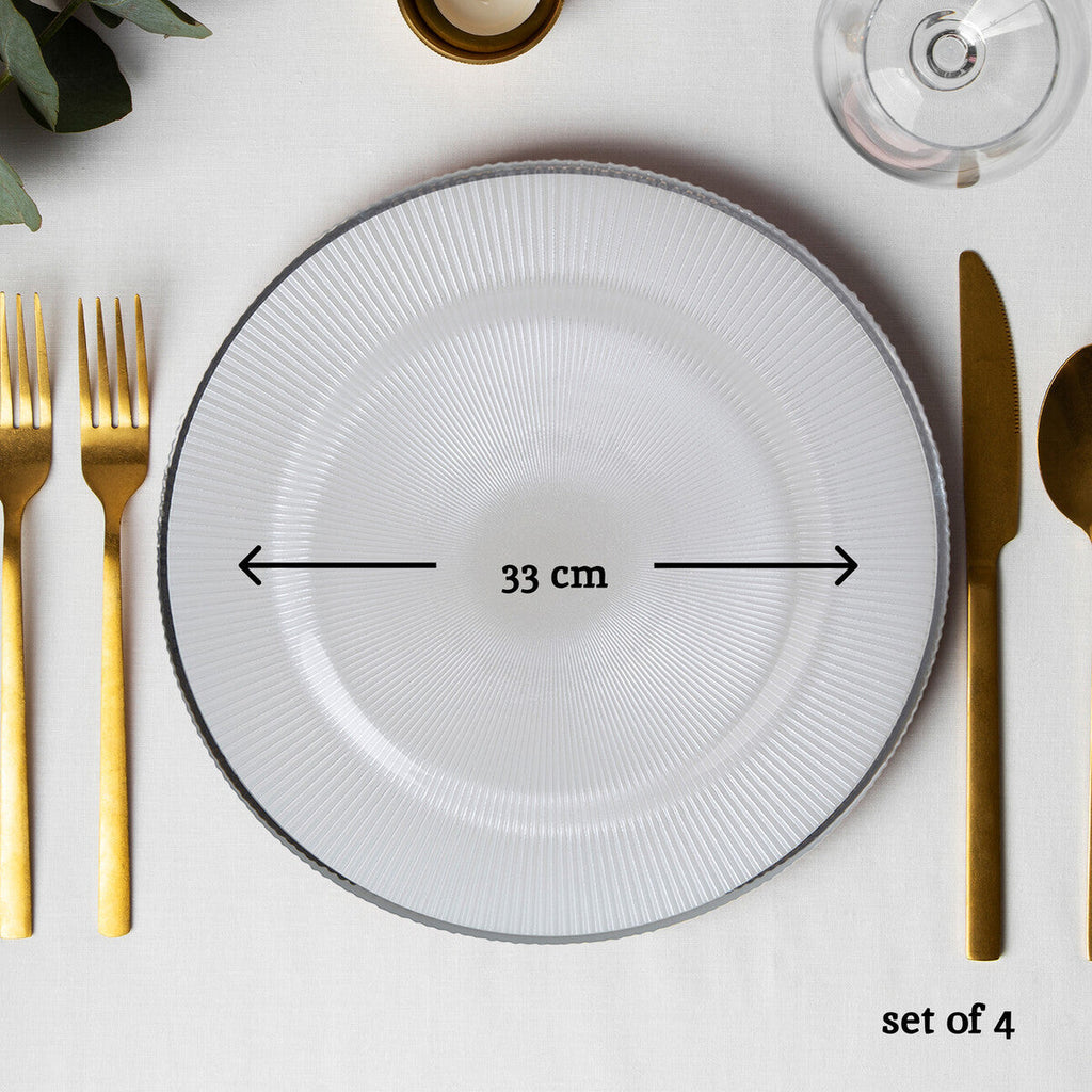Orsina White Glass Charger Plates – 33cm Embossed Tableware, Set of 4