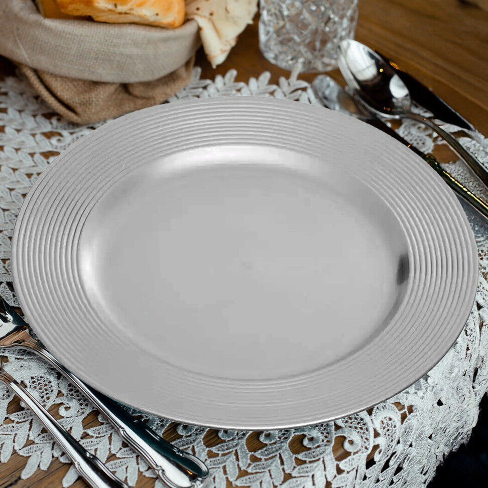 Orsina Dia Silver Charger Plate – Ribbed Rim Modern Table Decor