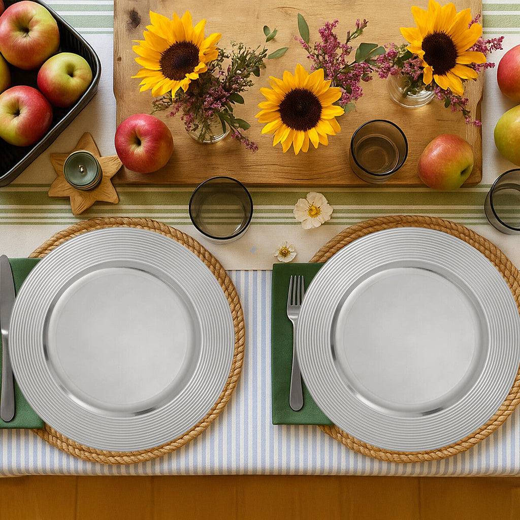 Orsina Dia Silver Charger Plate – Ribbed Rim Modern Table Decor
