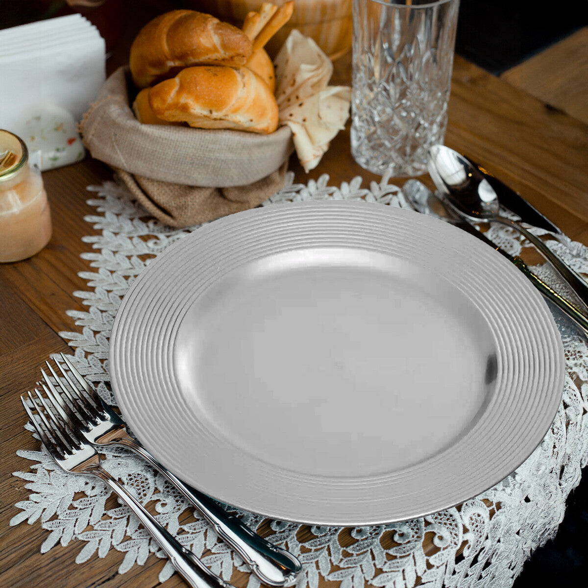 Orsina Silver Charger Plates - Set of 4 Ribbed Rim 33cm Table Decor