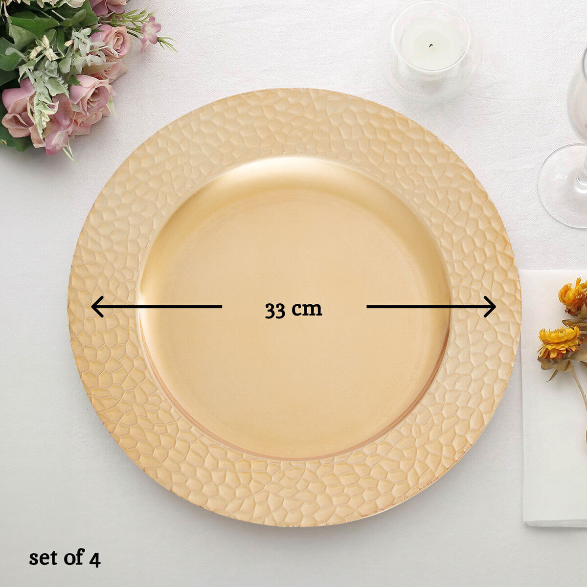 Orsina Gold Hammered Rim Charger Plates - 33cm Luxury Dining Set of 4