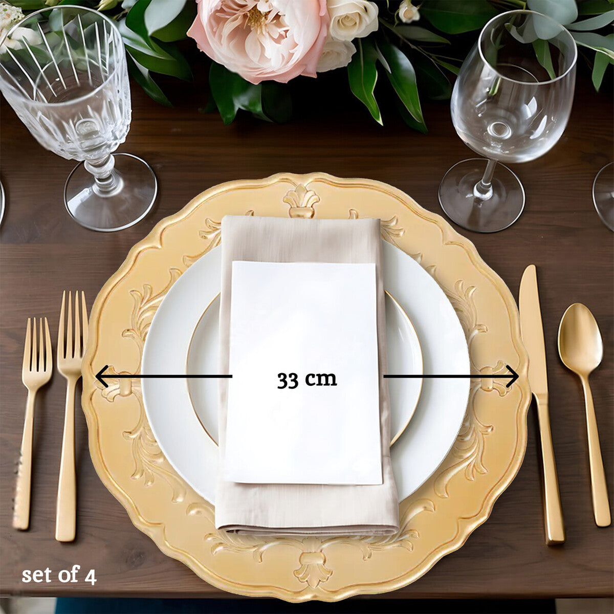Orsina Gold Baroque Charger Plates – 33cm Luxury Table Decor, Set of 4