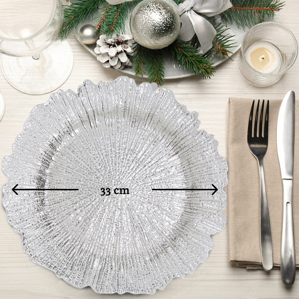 Orsina Silver Reef Charger Plates – 33cm Textured Dining Set of 4