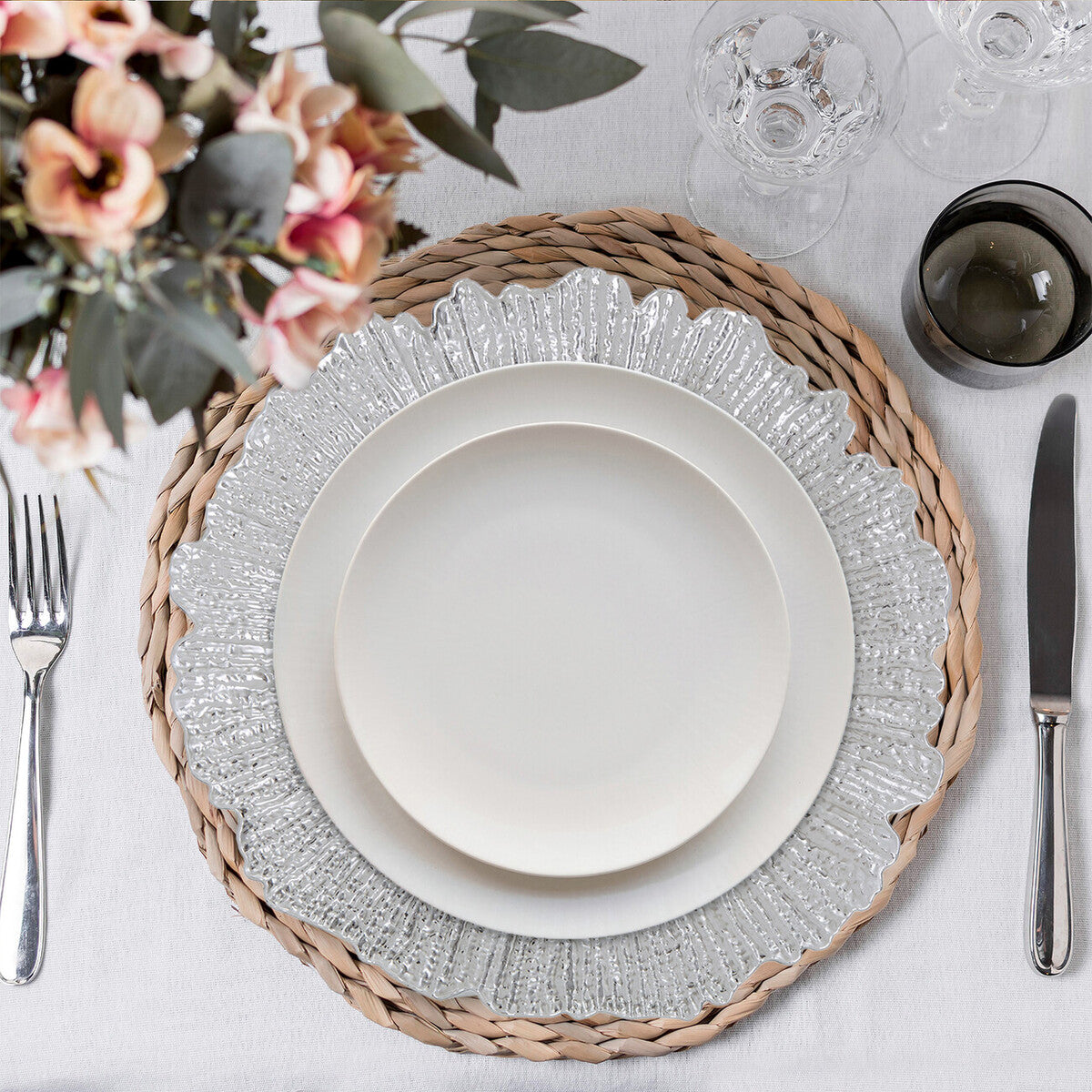 Orsina Silver Reef Charger Plates – 33cm Textured Dining Set of 4