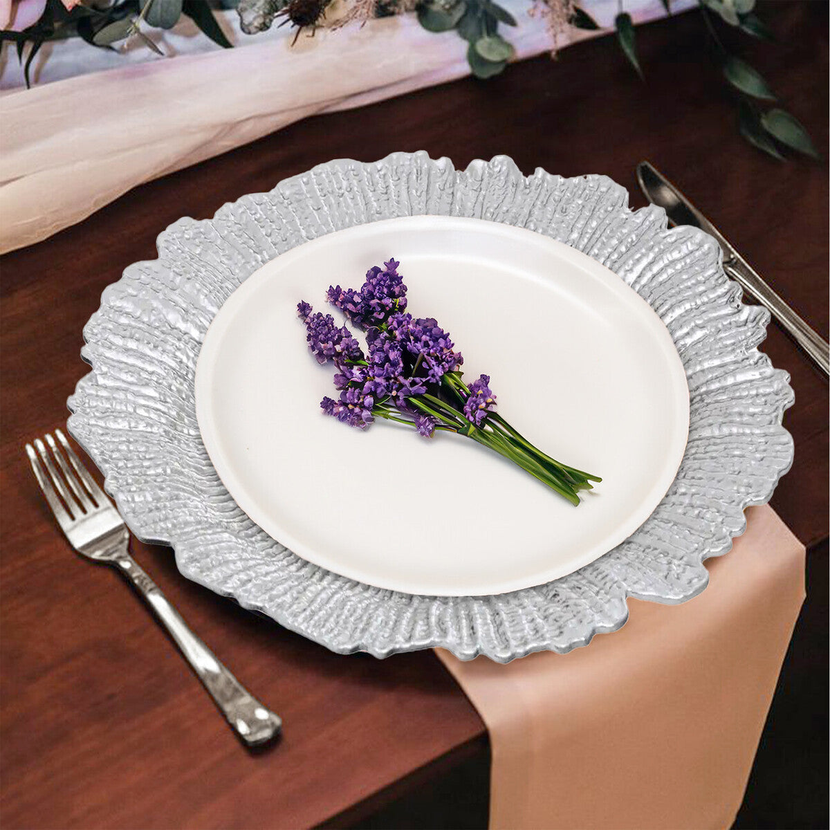Orsina Silver Reef Charger Plates – 33cm Textured Dining Set of 4