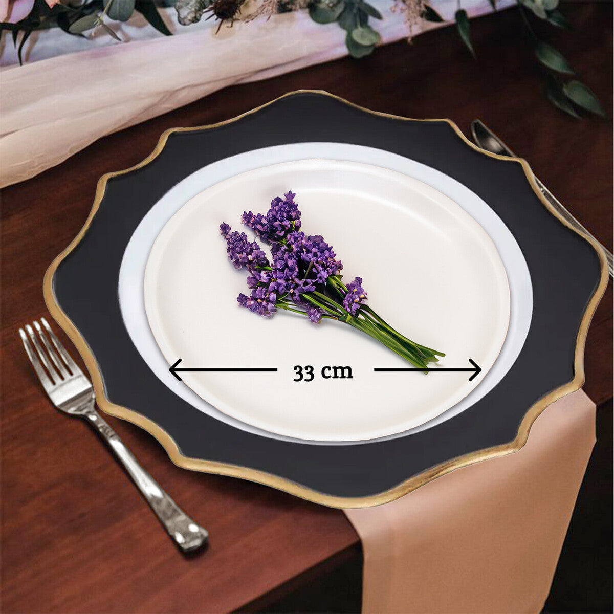 Orsina White and Black Round Charger Plates – 33cm Modern Set of 4