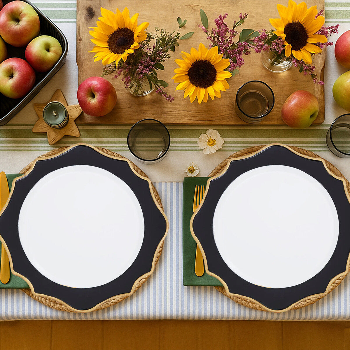 Orsina White and Black Round Charger Plates – 33cm Modern Set of 4