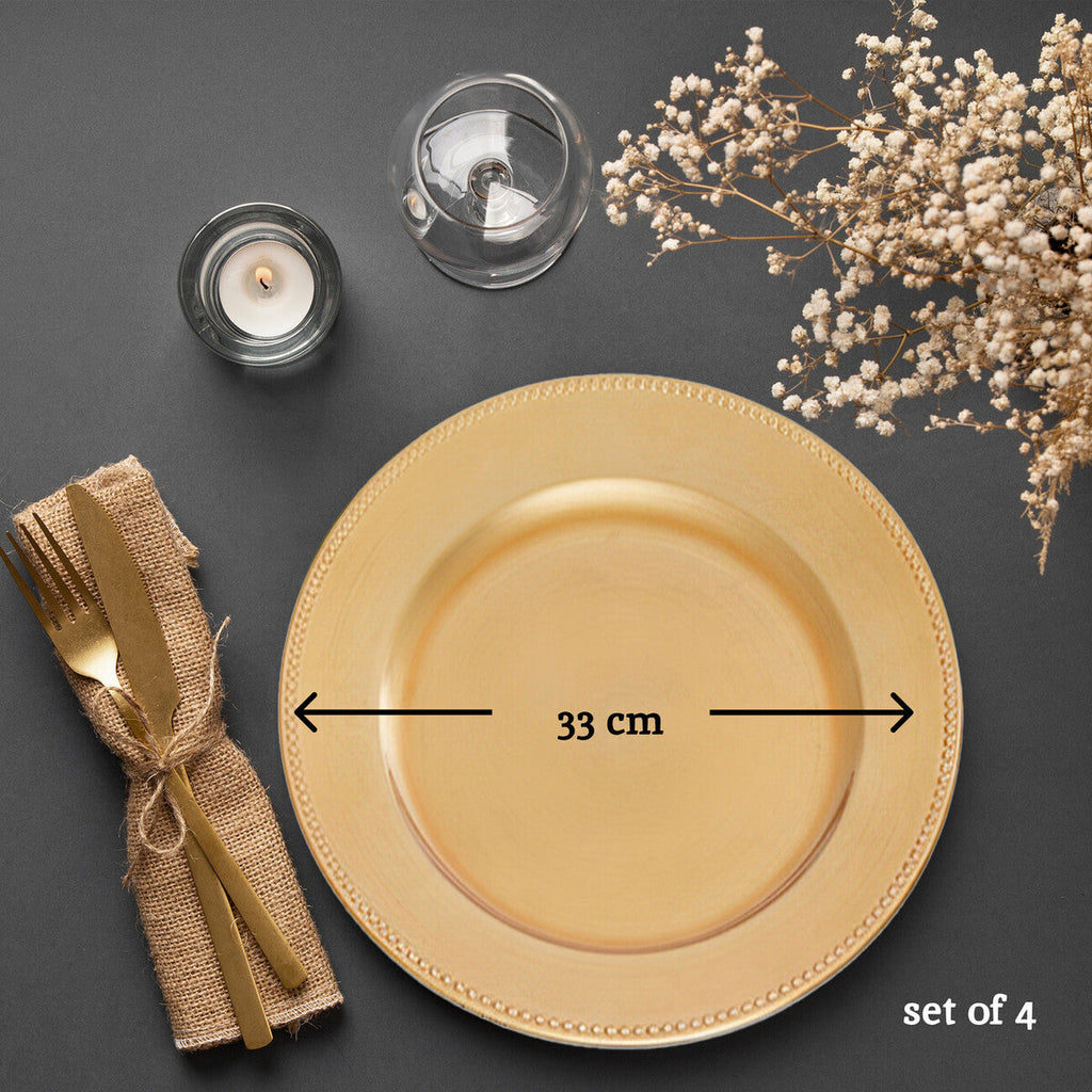 Orsina Gold Dotted Charger Plates – 33cm Round Table Decor, Set of 4