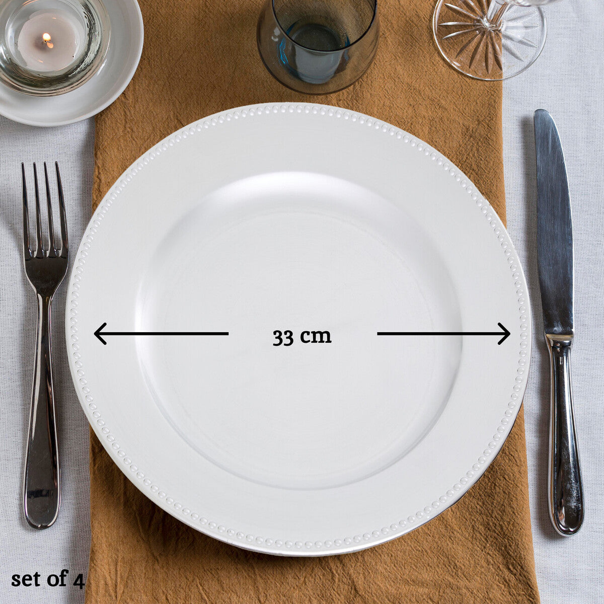 Orsina Silver Dotted Charger Plates – 33cm Modern Dining Set of 4