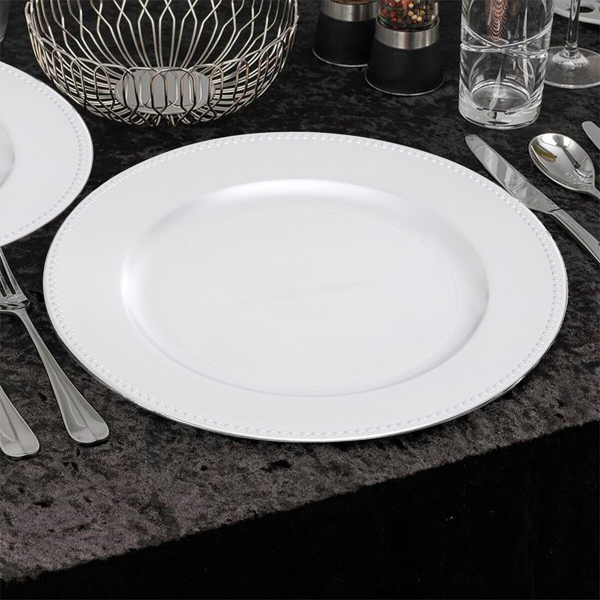 Orsina Silver Dotted Charger Plates – 33cm Modern Dining Set of 4