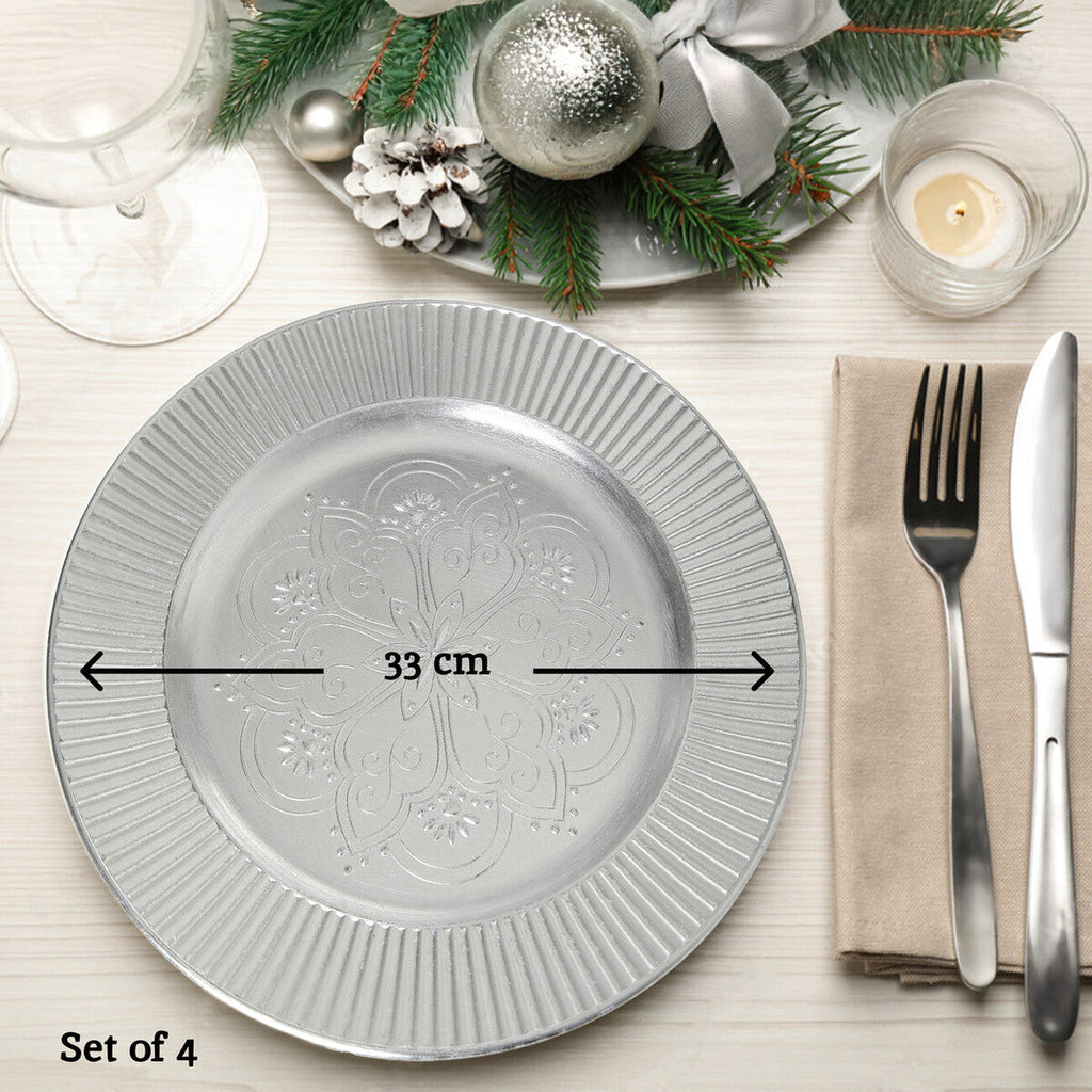 Orsina Redbud Silver Charger Plates – 33cm Decorative Set of 4