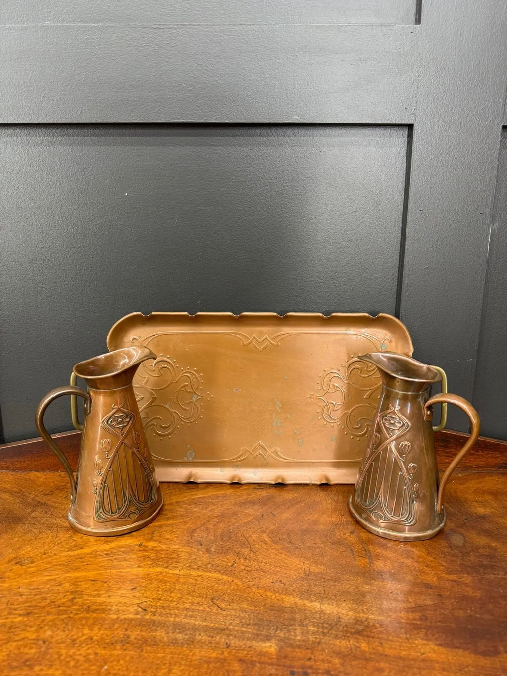 Antique Joseph Sankey Copper Jugs & Tray / Art Nouveau Pair Of Pitchers Vases