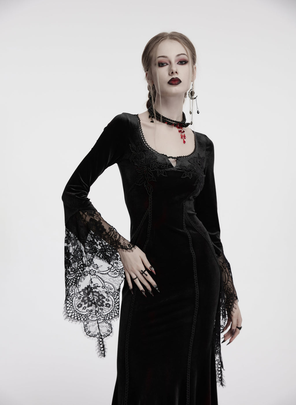 Punk Rave Isolde Velvet Lace Sleeve Goth Dress | Black Corset Gown