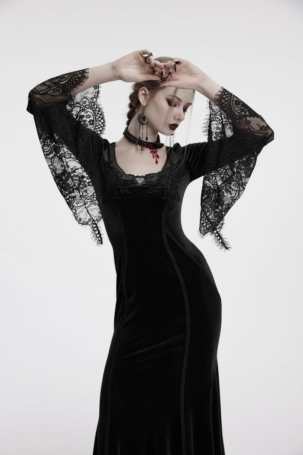 Punk Rave Isolde Velvet Lace Sleeve Goth Dress | Black Corset Gown