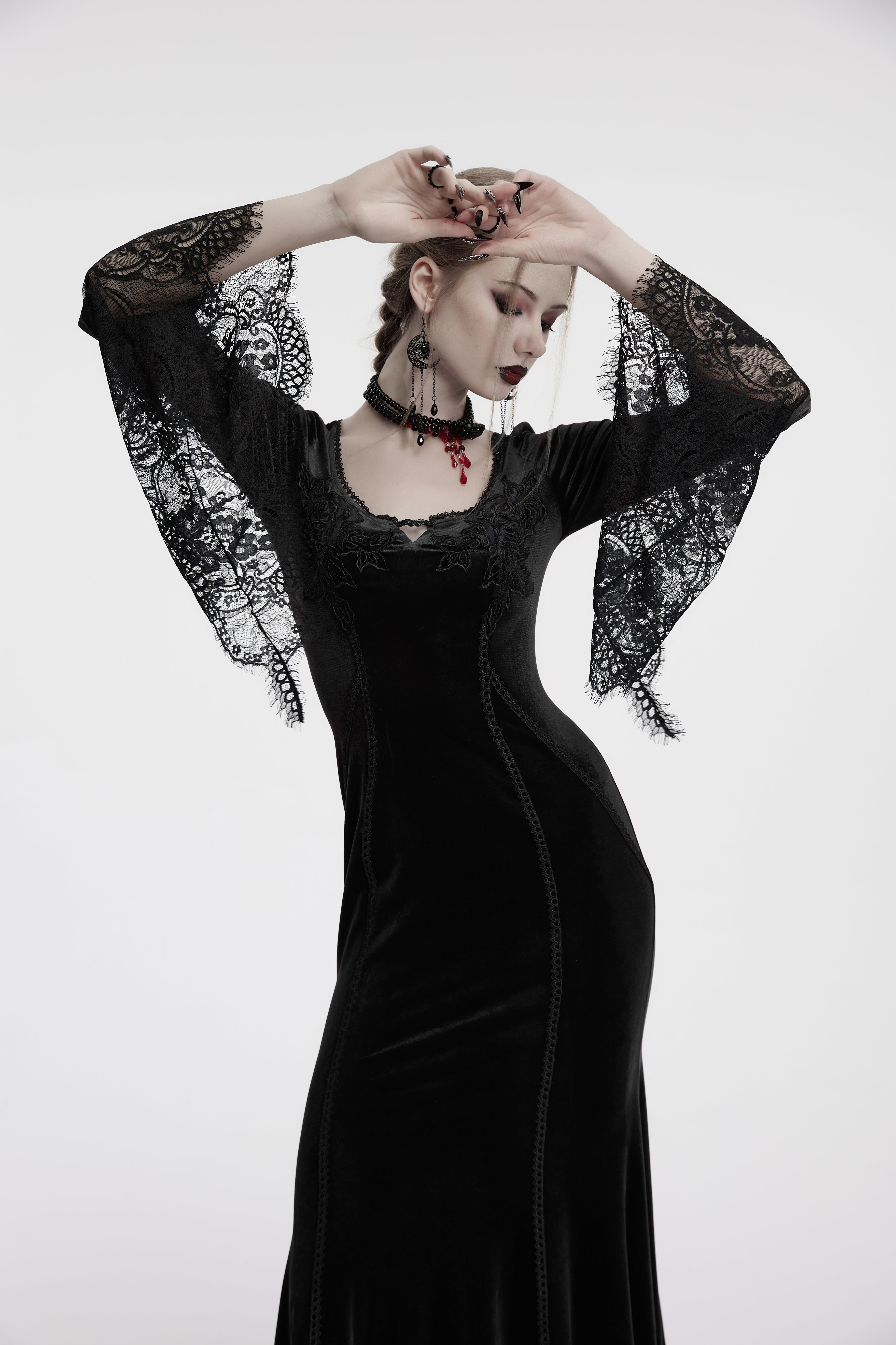 Punk Rave Isolde Velvet Lace Sleeve Goth Dress | Black Corset Gown