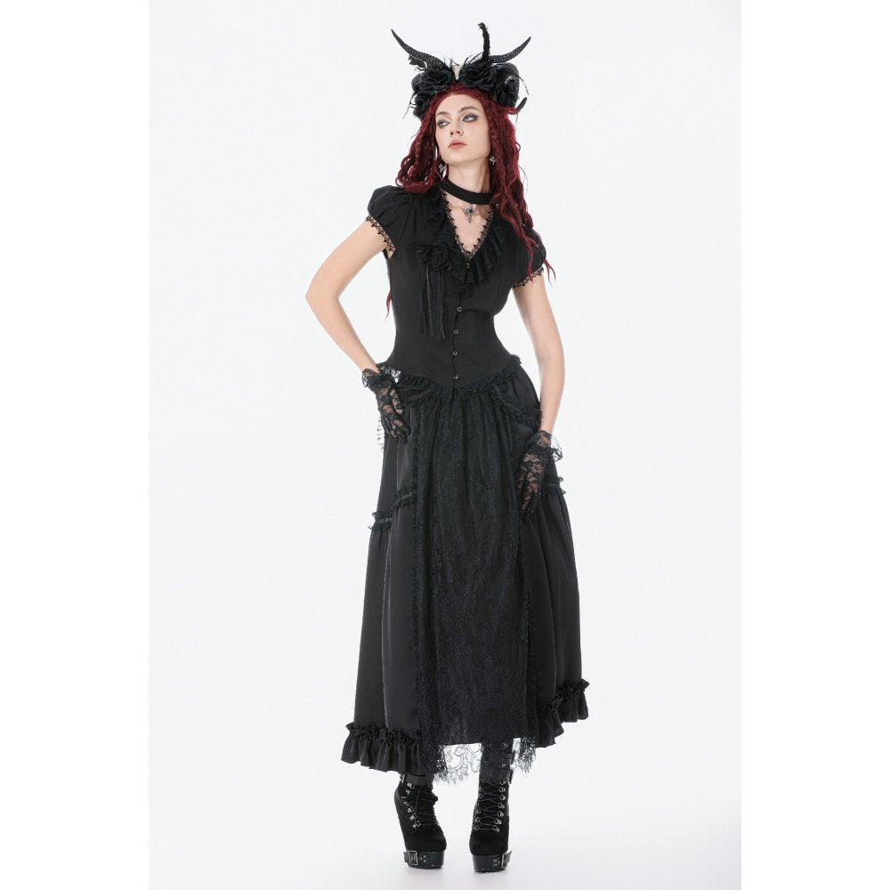 Dark in Love Courtly Cross Gem Gothic Blouse | Black Lace Puff Sleeve