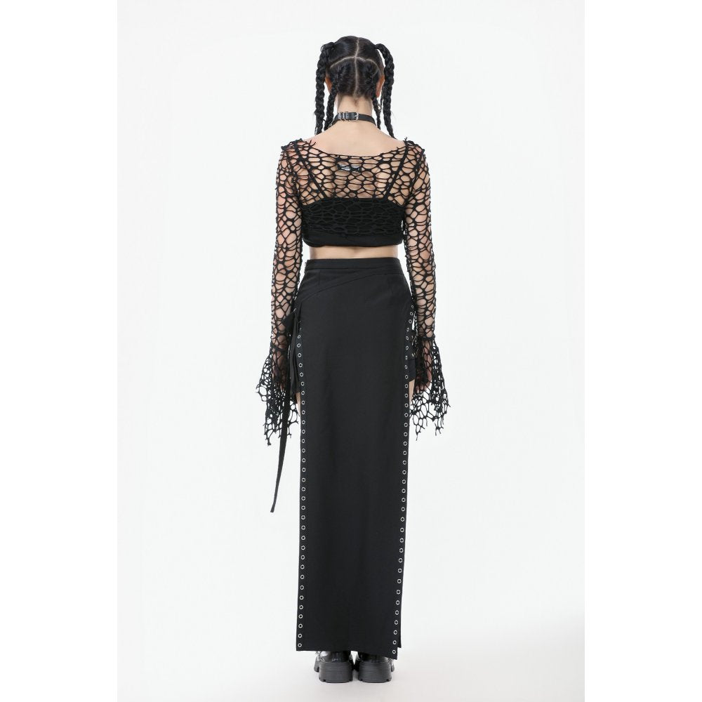 Dark in Love Morana Black Mesh Crochet Knit Bell Sleeve Crop Top