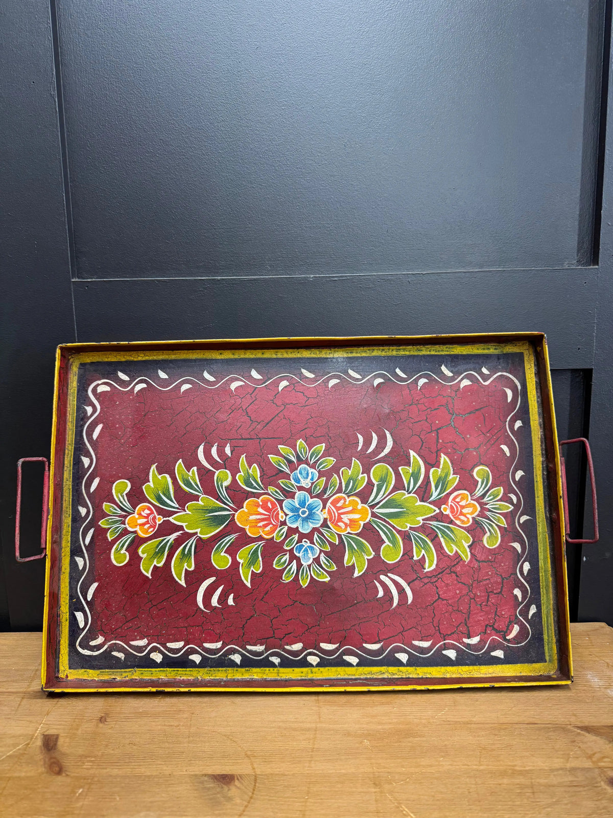 Vintage Red Metal Serving Tray | Hand Painted Indian Platter | Rustic Warehouse